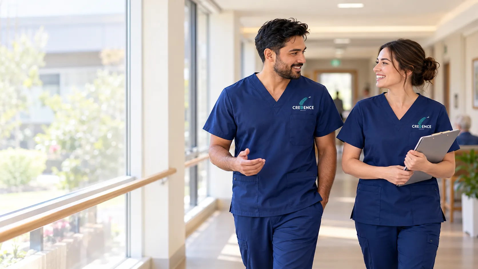 Two healthcare assistants in navy Credence Health scrubs walking along an aged care corridor